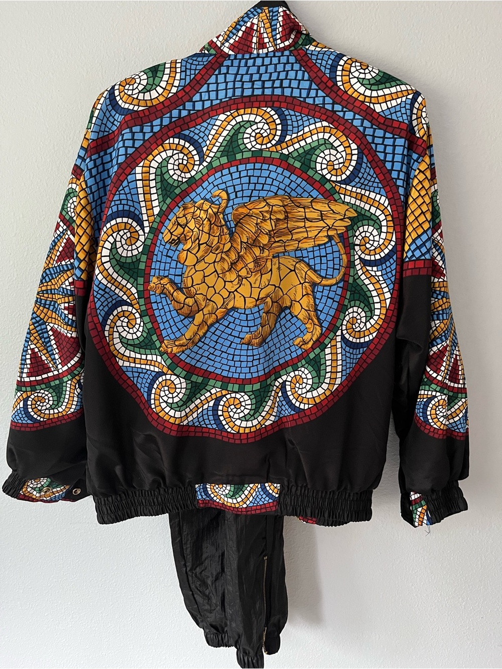Vintage 80s Gallery Sport Mosaic Griffin Lion Full Zip Windbreaker Jacket Set XS